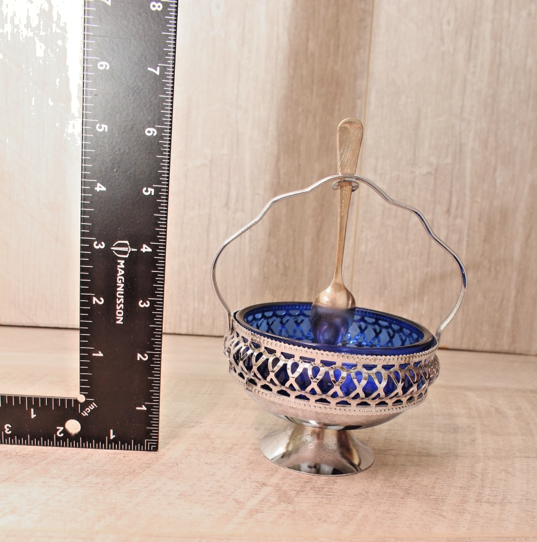 Vintage Cobalt Blue Glass Sugar & Jam Bowl Set with Tudor Plate Spoon
