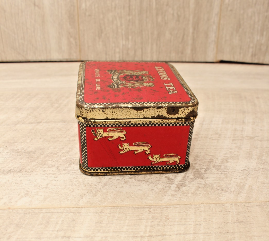 Vintage Lyons Tea Tin Rectangular Red Gold Caddy Original Base Paper Label