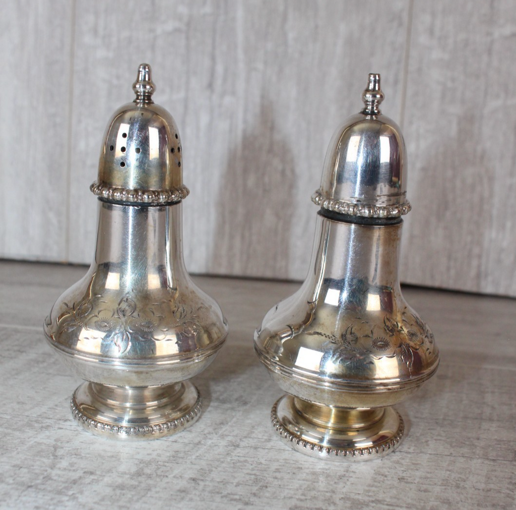 Vintage English Silver Plate Salt & Pepper Shakers - Hand Engraved Floral