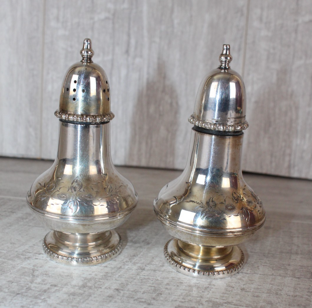 Vintage English Silver Plate Salt & Pepper Shakers - Hand Engraved Floral