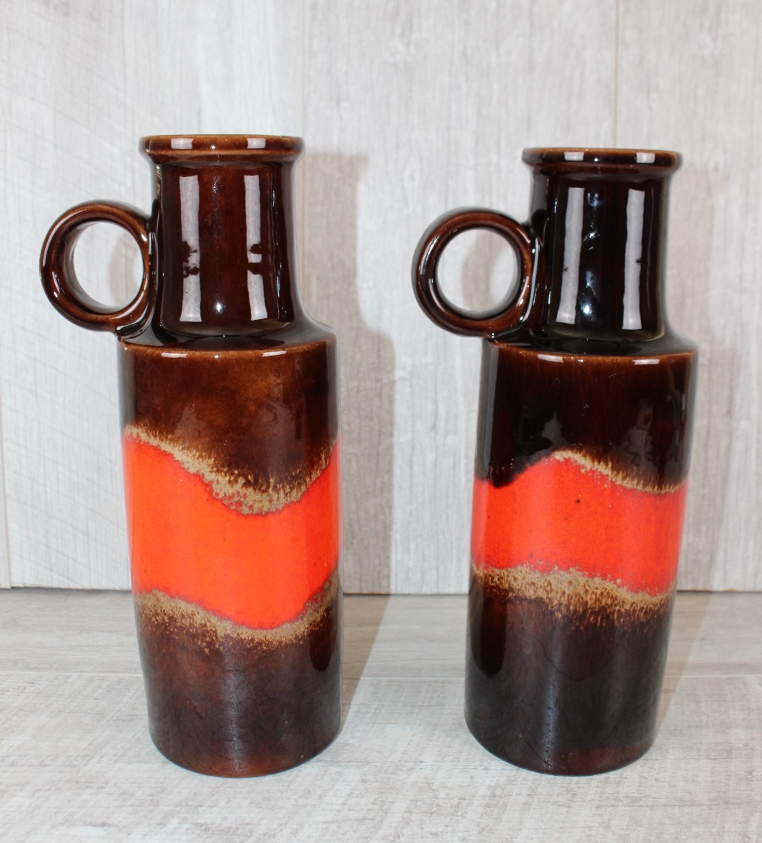 Pair of Vintage Scheurich 401-28 West German Pottery Vases Fat Lava Red Brown