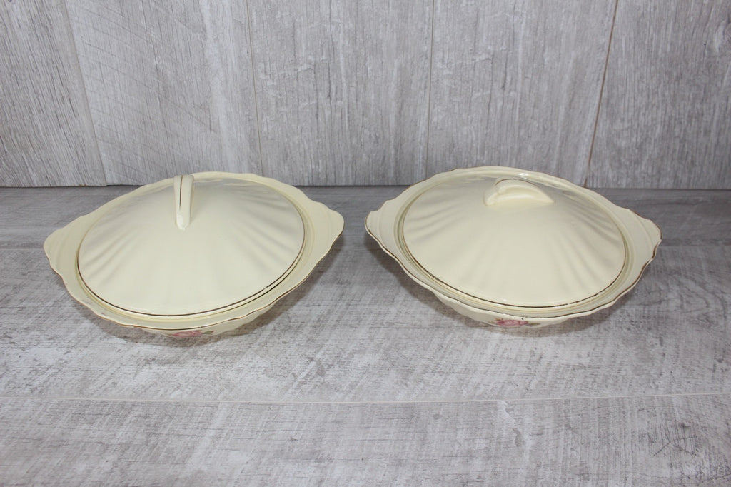 Pair of Vintage J&G Meakin "Sunshine" Lidded Tureens - Pink Rose & Gold Gilt