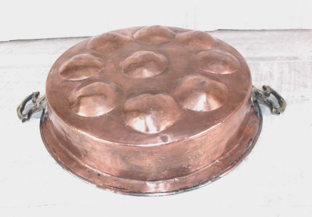 Antique French Copper Escargot Pan / Egg Poacher 11” - 19th Century Brass Handle