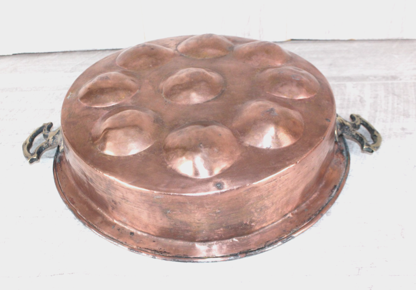 Antique French Copper Escargot Pan / Egg Poacher 11” - 19th Century Brass Handle