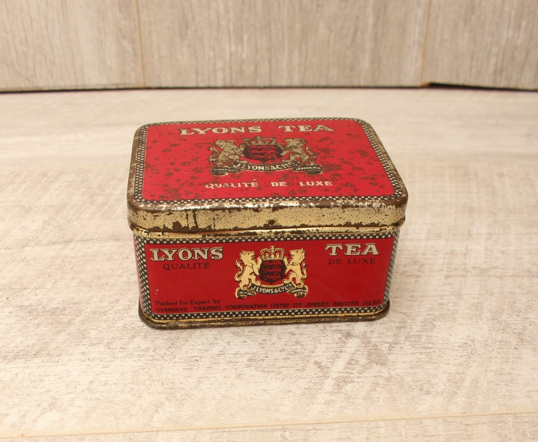 Vintage Lyons Tea Tin Rectangular Red Gold Caddy Original Base Paper Label