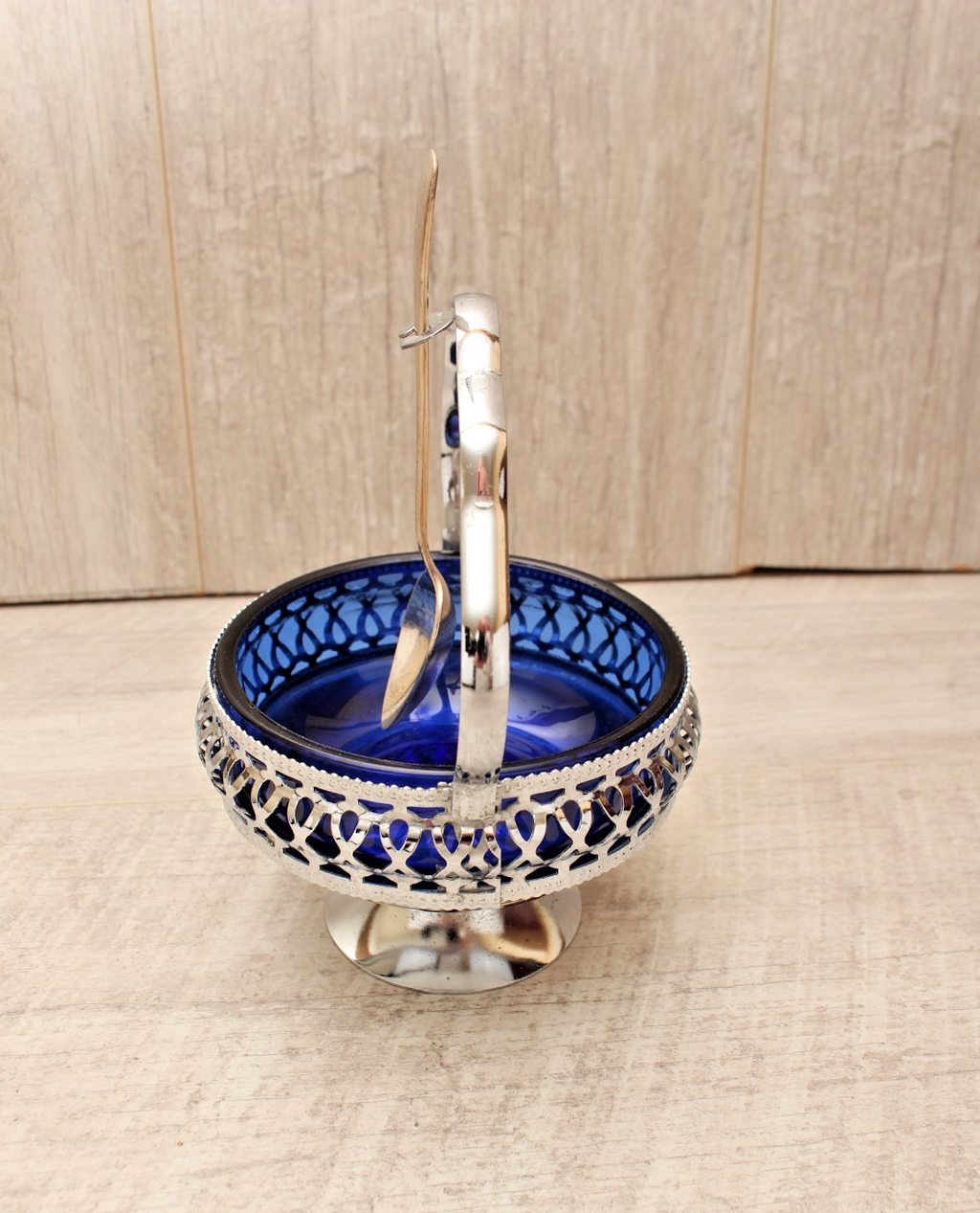Vintage Cobalt Blue Glass Sugar & Jam Bowl Set with Tudor Plate Spoon