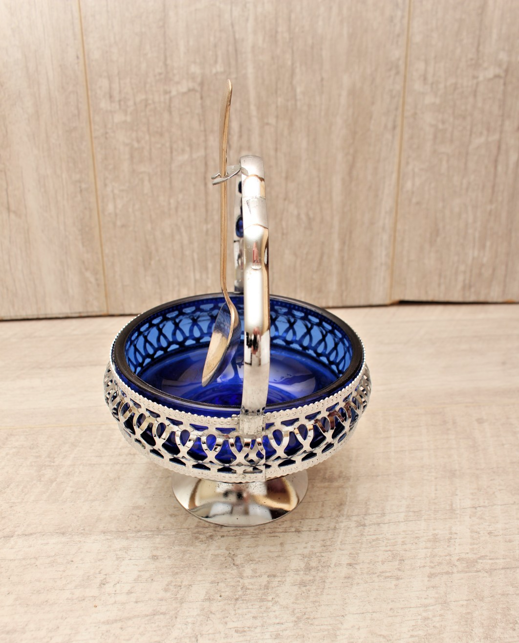 Vintage Cobalt Blue Glass Sugar & Jam Bowl Set with Tudor Plate Spoon