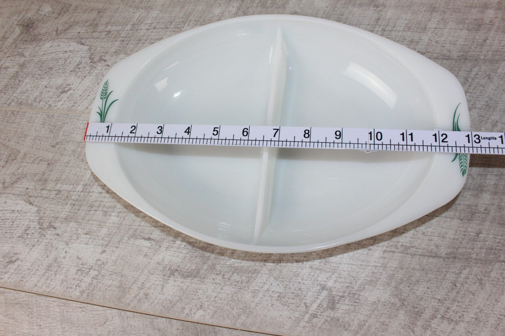 JAJ Pyrex Divided Serving Dish "Green Wheatsheaf Pattern" Vintage Milk Glass