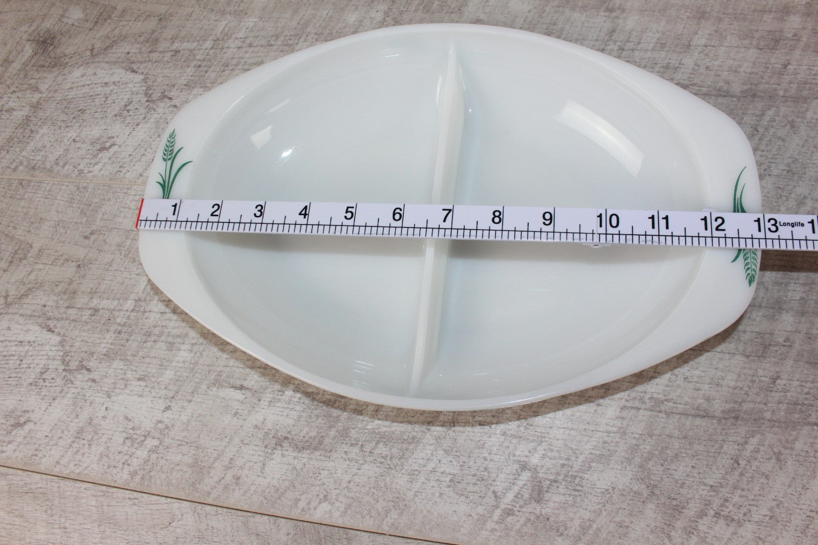 JAJ Pyrex Divided Serving Dish "Green Wheatsheaf Pattern" Vintage Milk Glass