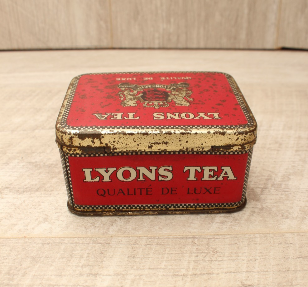 Vintage Lyons Tea Tin Rectangular Red Gold Caddy Original Base Paper Label