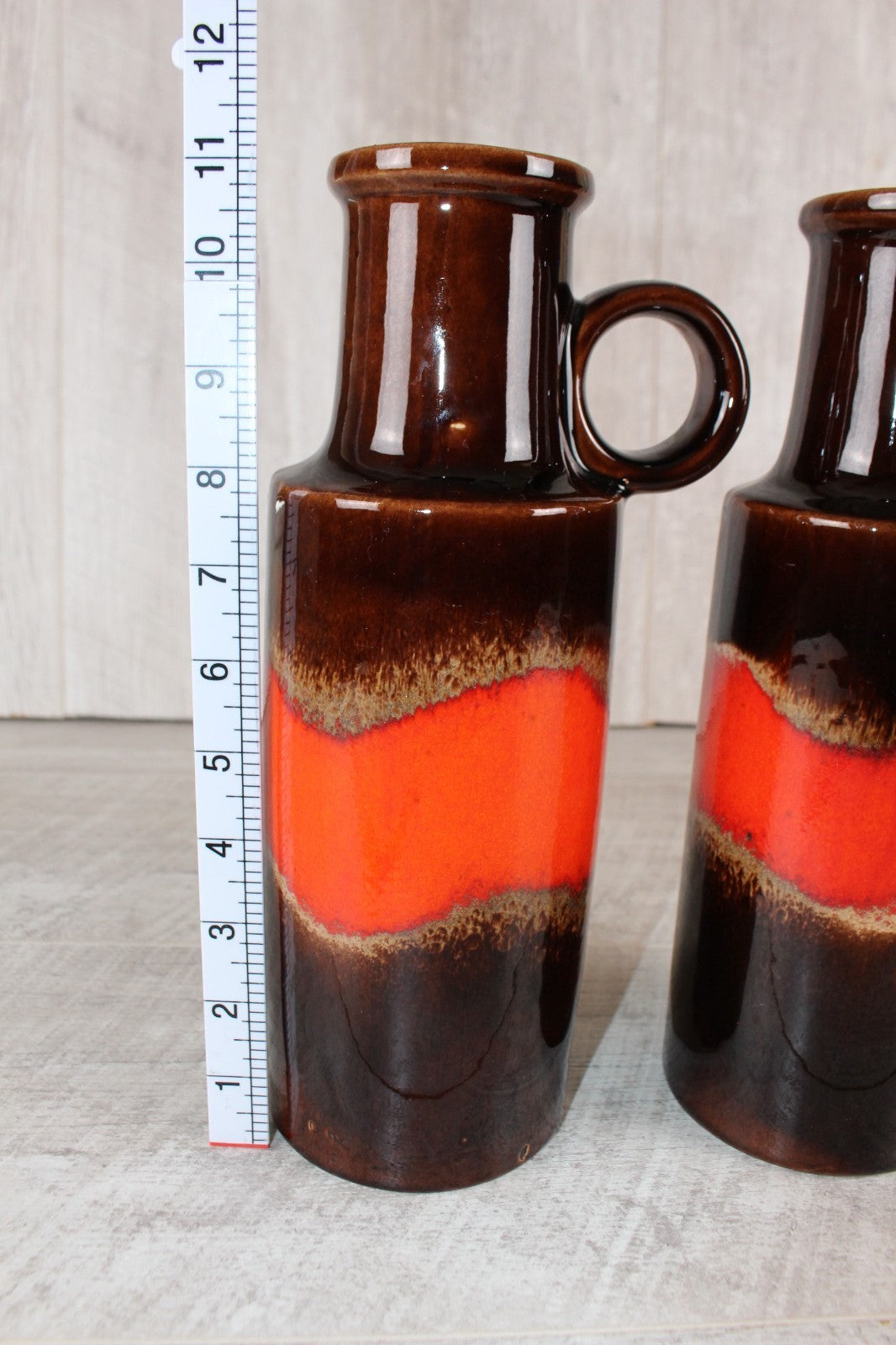 Pair of Vintage Scheurich 401-28 West German Pottery Vases Fat Lava Red Brown