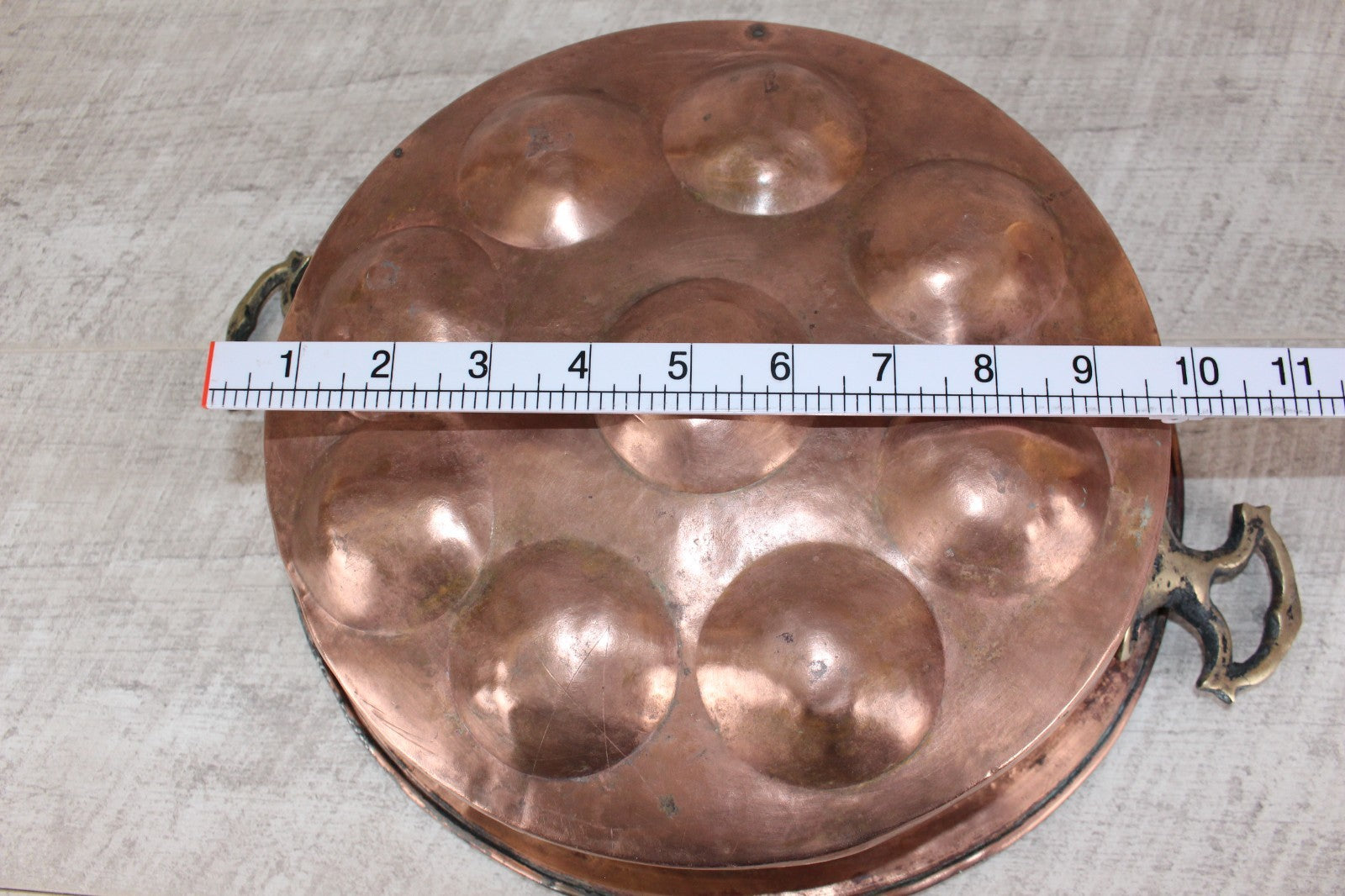 Antique French Copper Escargot Pan / Egg Poacher 11” - 19th Century Brass Handle