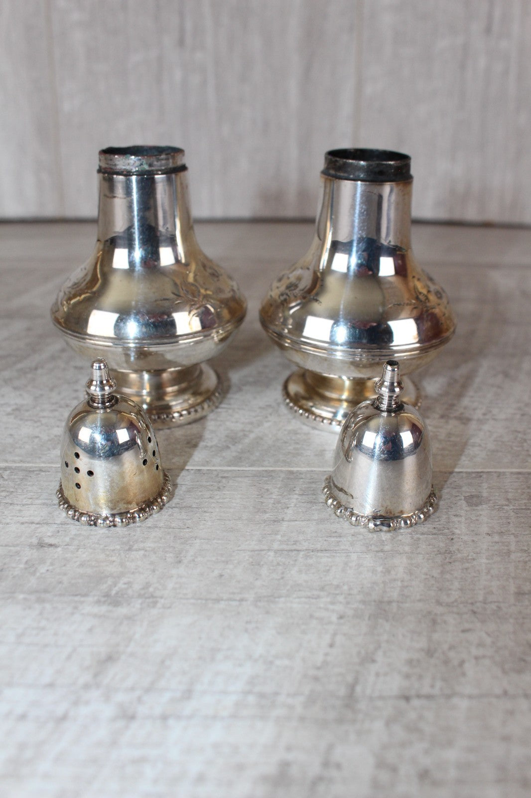 Vintage English Silver Plate Salt & Pepper Shakers - Hand Engraved Floral