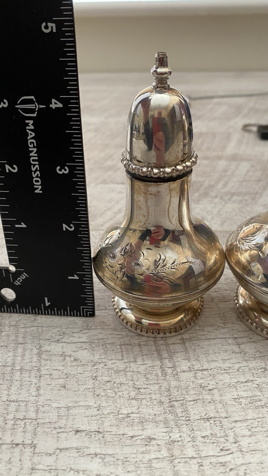 Vintage English Silver Plate Salt & Pepper Shakers - Hand Engraved Floral