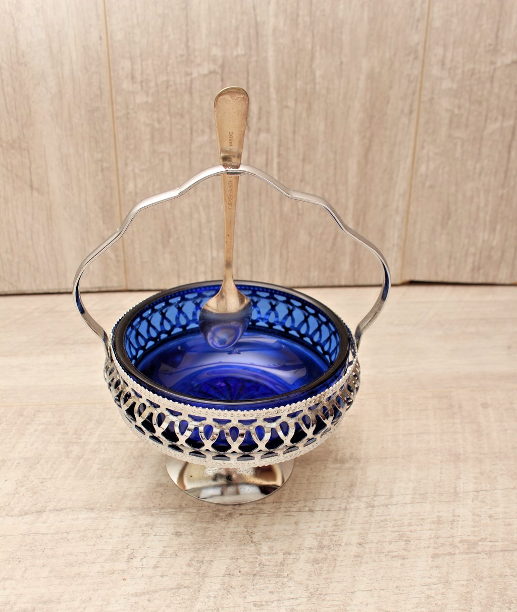 Vintage Cobalt Blue Glass Sugar & Jam Bowl Set with Tudor Plate Spoon