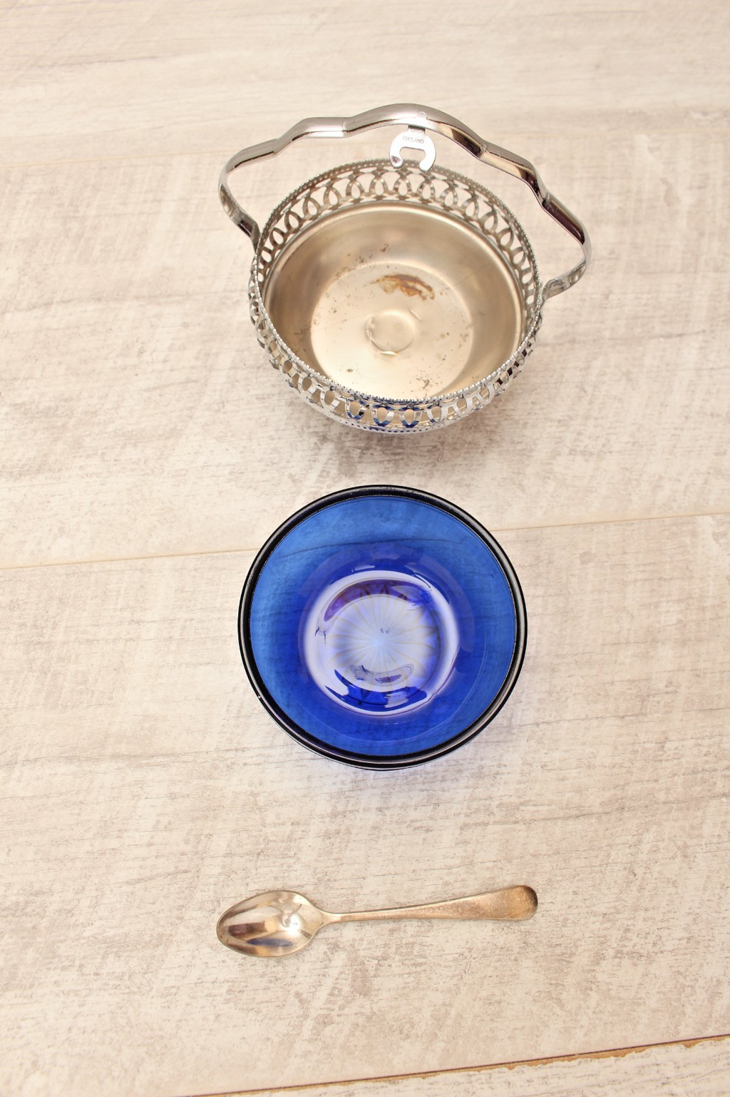 Vintage Cobalt Blue Glass Sugar & Jam Bowl Set with Tudor Plate Spoon
