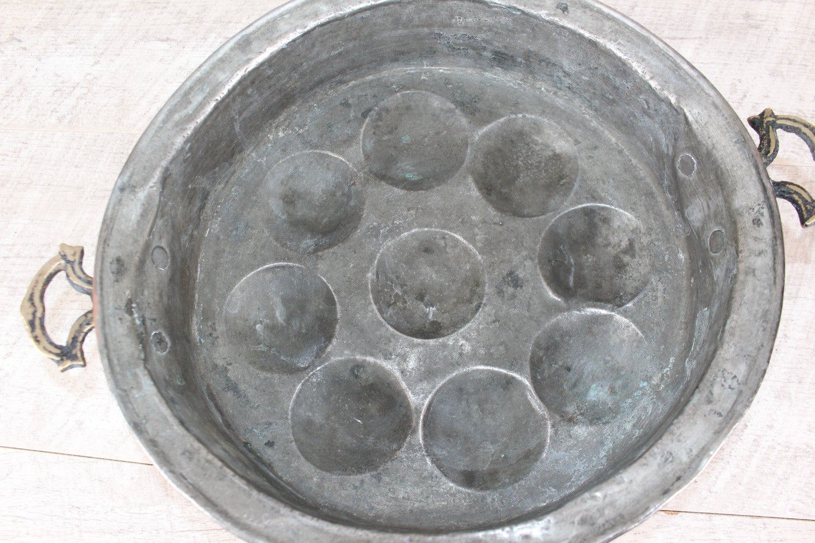 Antique French Copper Escargot Pan / Egg Poacher 11” - 19th Century Brass Handle