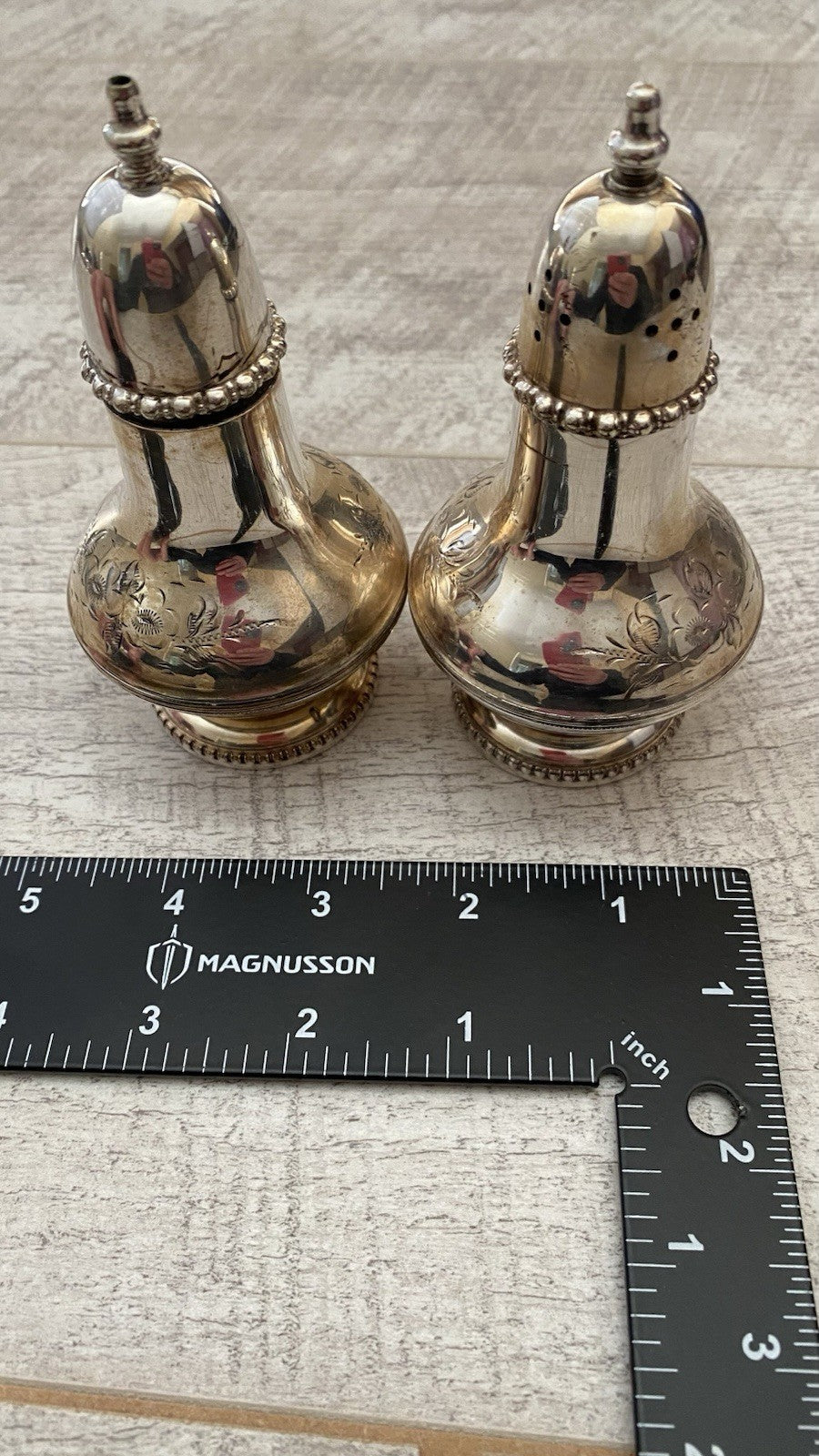 Vintage English Silver Plate Salt & Pepper Shakers - Hand Engraved Floral