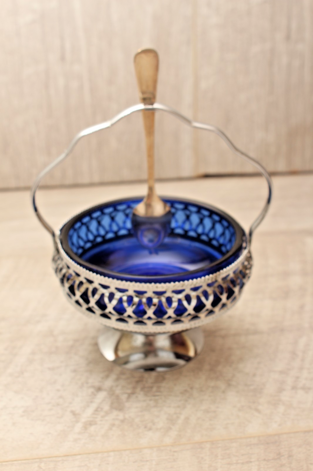 Vintage Cobalt Blue Glass Sugar & Jam Bowl Set with Tudor Plate Spoon