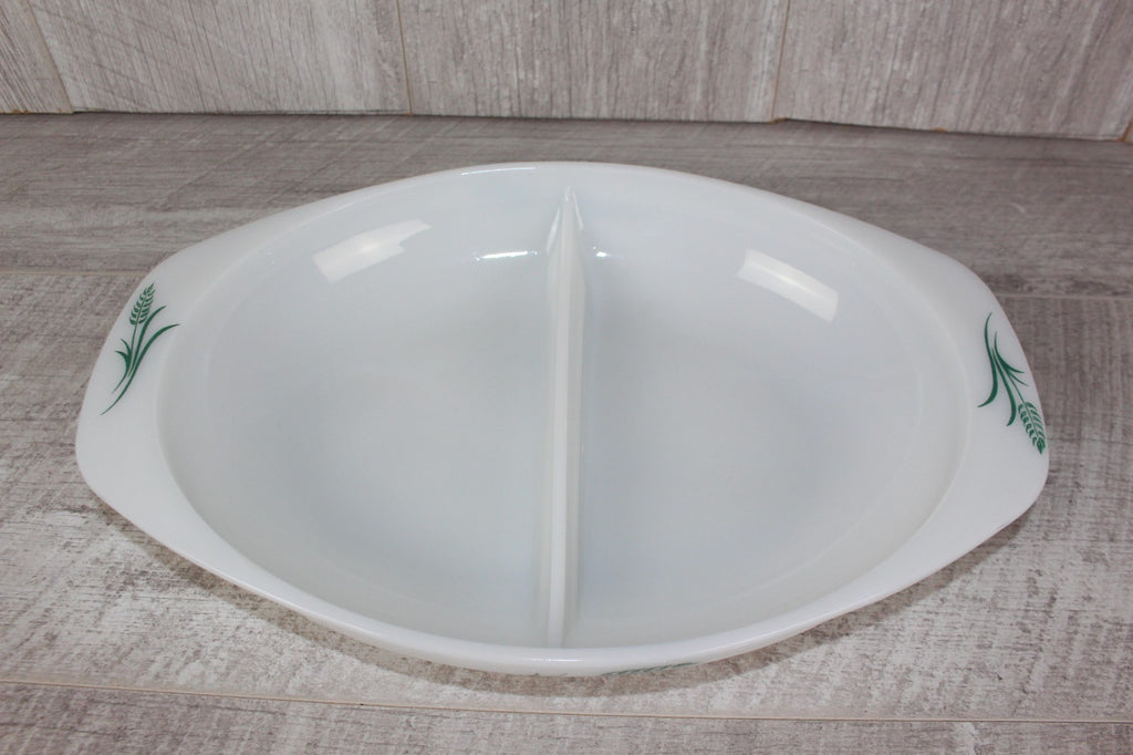 JAJ Pyrex Divided Serving Dish "Green Wheatsheaf Pattern" Vintage Milk Glass