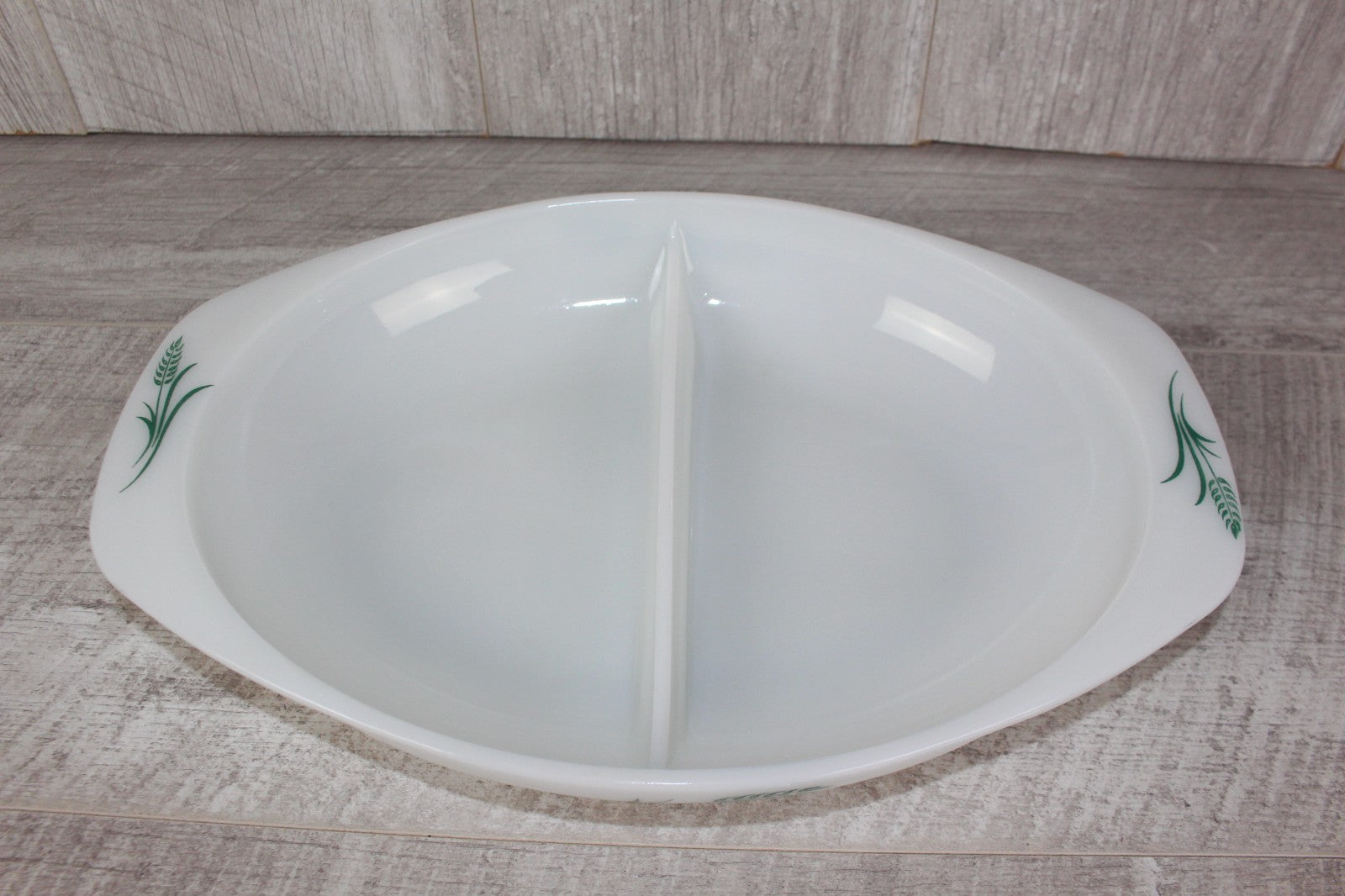 JAJ Pyrex Divided Serving Dish "Green Wheatsheaf Pattern" Vintage Milk Glass