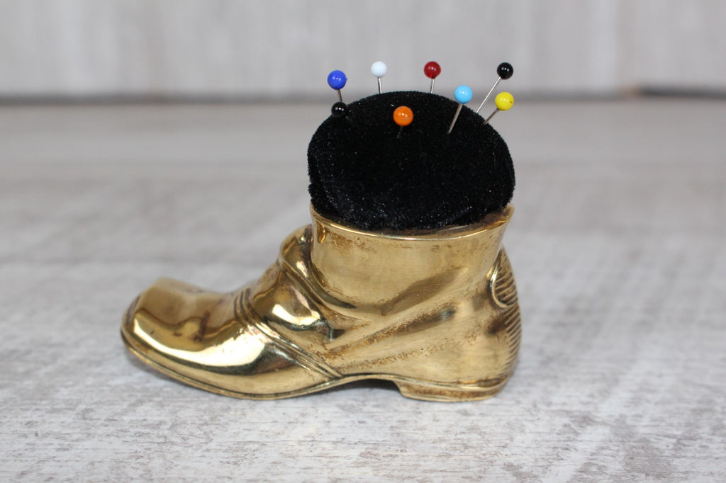 Brass Shoe Boot Pin Cushion with Pins Mouse Detail to Boot Vintage Collectable