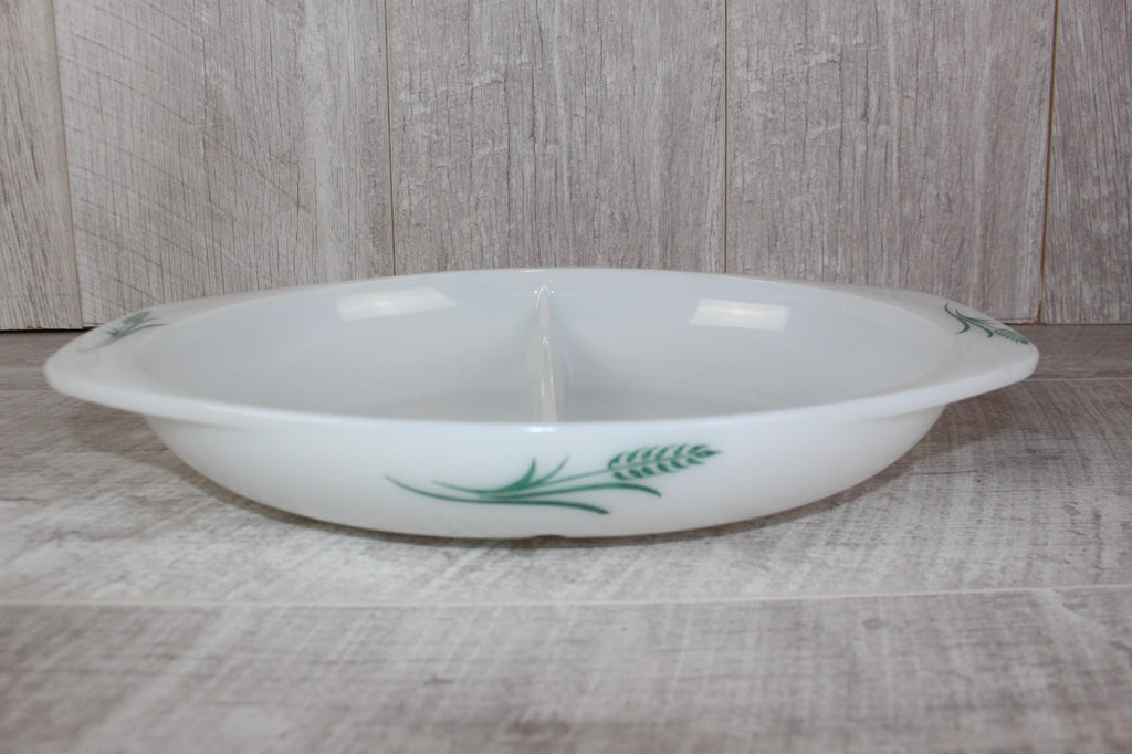 JAJ Pyrex Divided Serving Dish "Green Wheatsheaf Pattern" Vintage Milk Glass