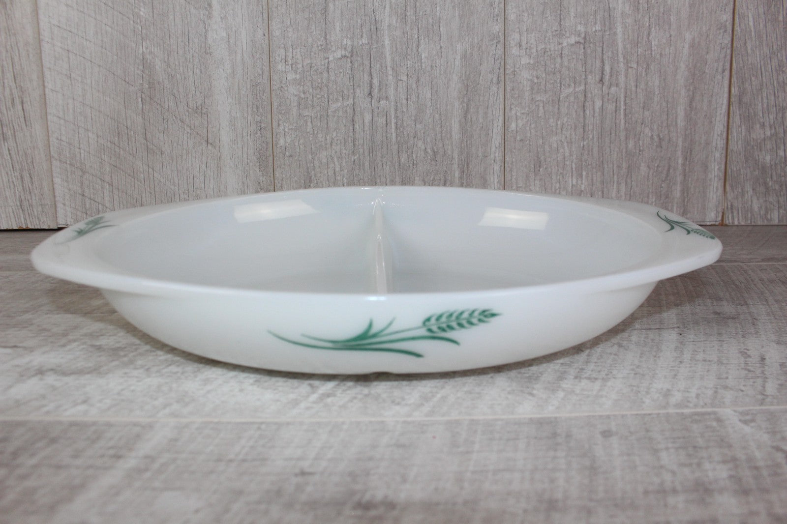 JAJ Pyrex Divided Serving Dish "Green Wheatsheaf Pattern" Vintage Milk Glass