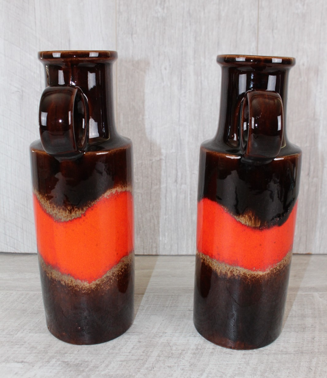Pair of Vintage Scheurich 401-28 West German Pottery Vases Fat Lava Red Brown