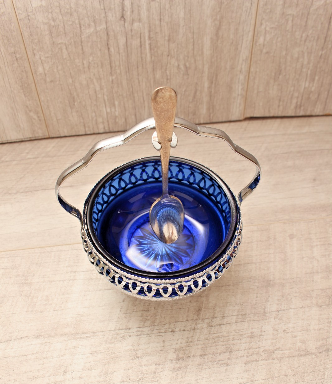 Vintage Cobalt Blue Glass Sugar & Jam Bowl Set with Tudor Plate Spoon