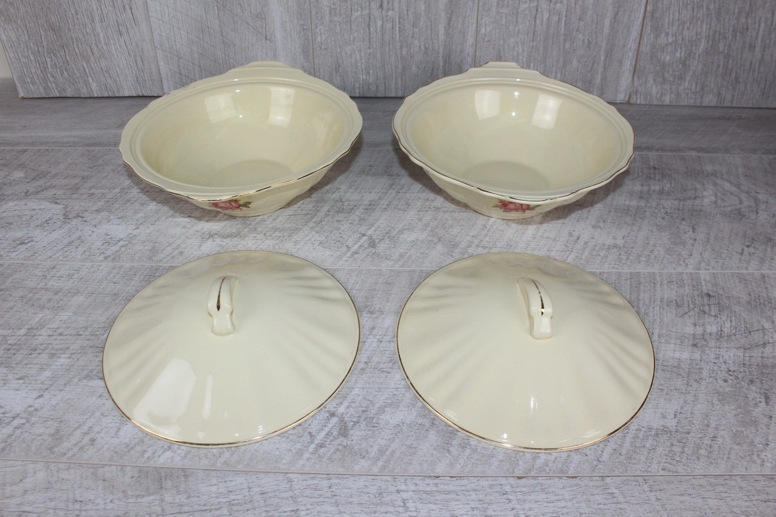 Pair of Vintage J&G Meakin "Sunshine" Lidded Tureens - Pink Rose & Gold Gilt