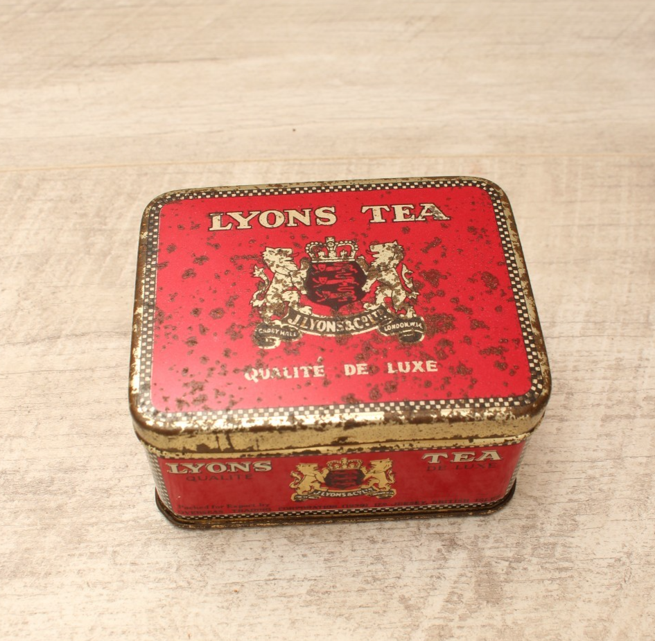 Vintage Lyons Tea Tin Rectangular Red Gold Caddy Original Base Paper Label