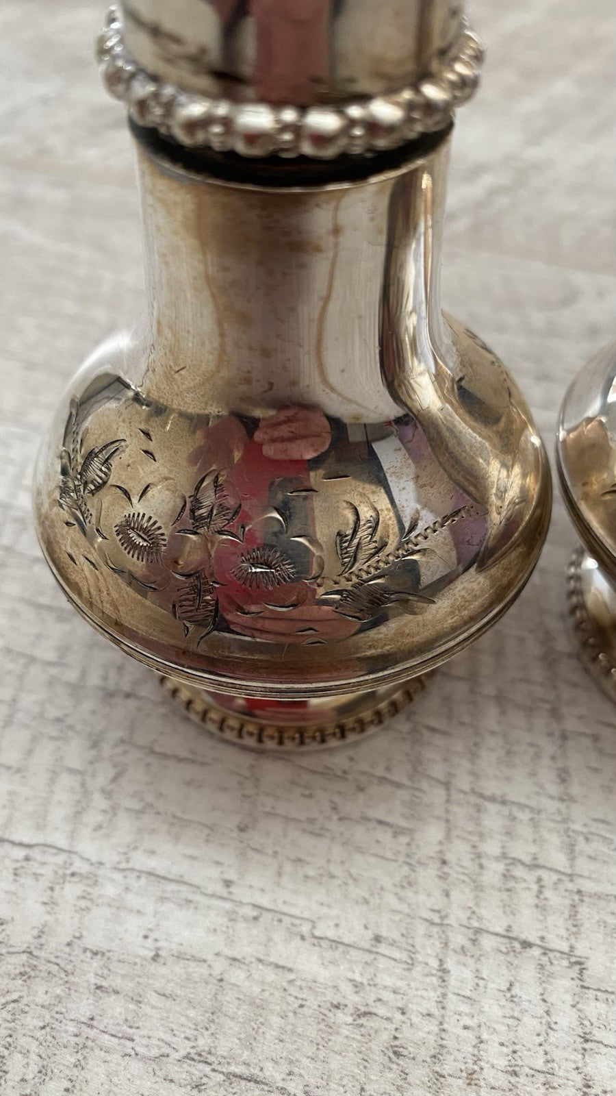 Vintage English Silver Plate Salt & Pepper Shakers - Hand Engraved Floral
