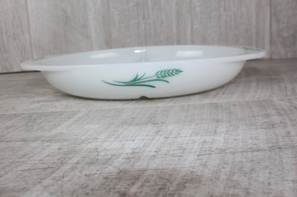 JAJ Pyrex Divided Serving Dish "Green Wheatsheaf Pattern" Vintage Milk Glass