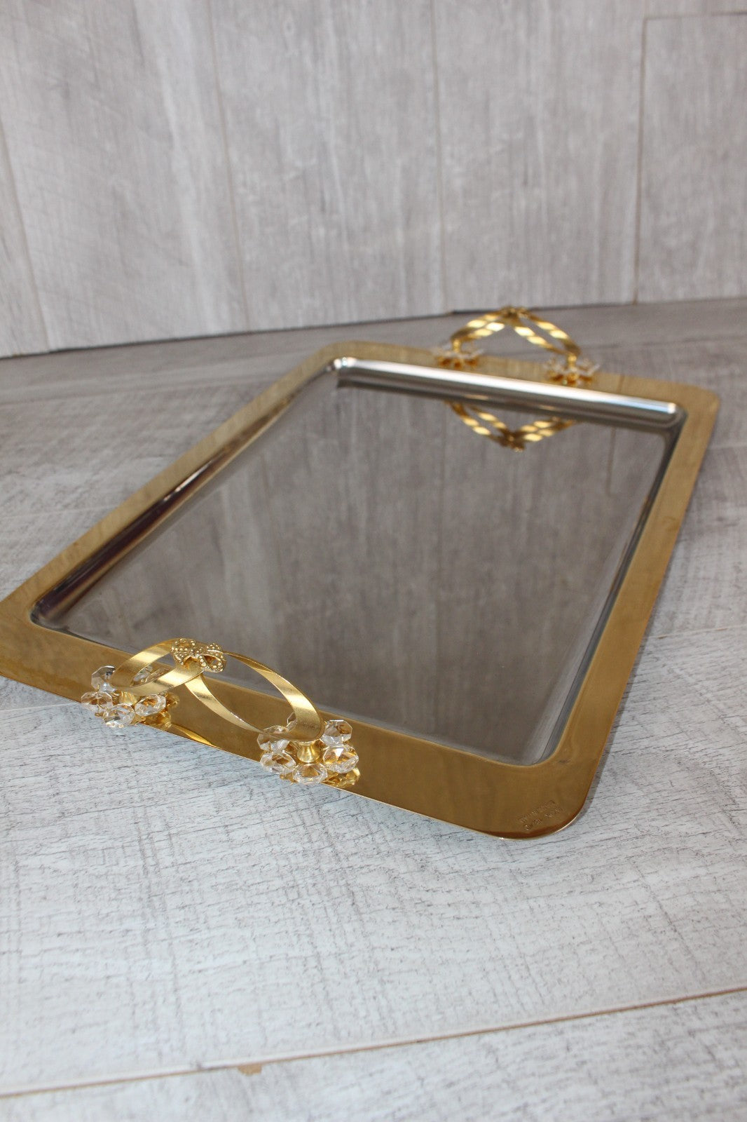 Vintage Italian INOX 18/10 Mirror Tray – 24kt Gold Plated Accents