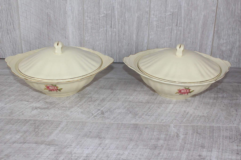 Pair of Vintage J&G Meakin "Sunshine" Lidded Tureens - Pink Rose & Gold Gilt