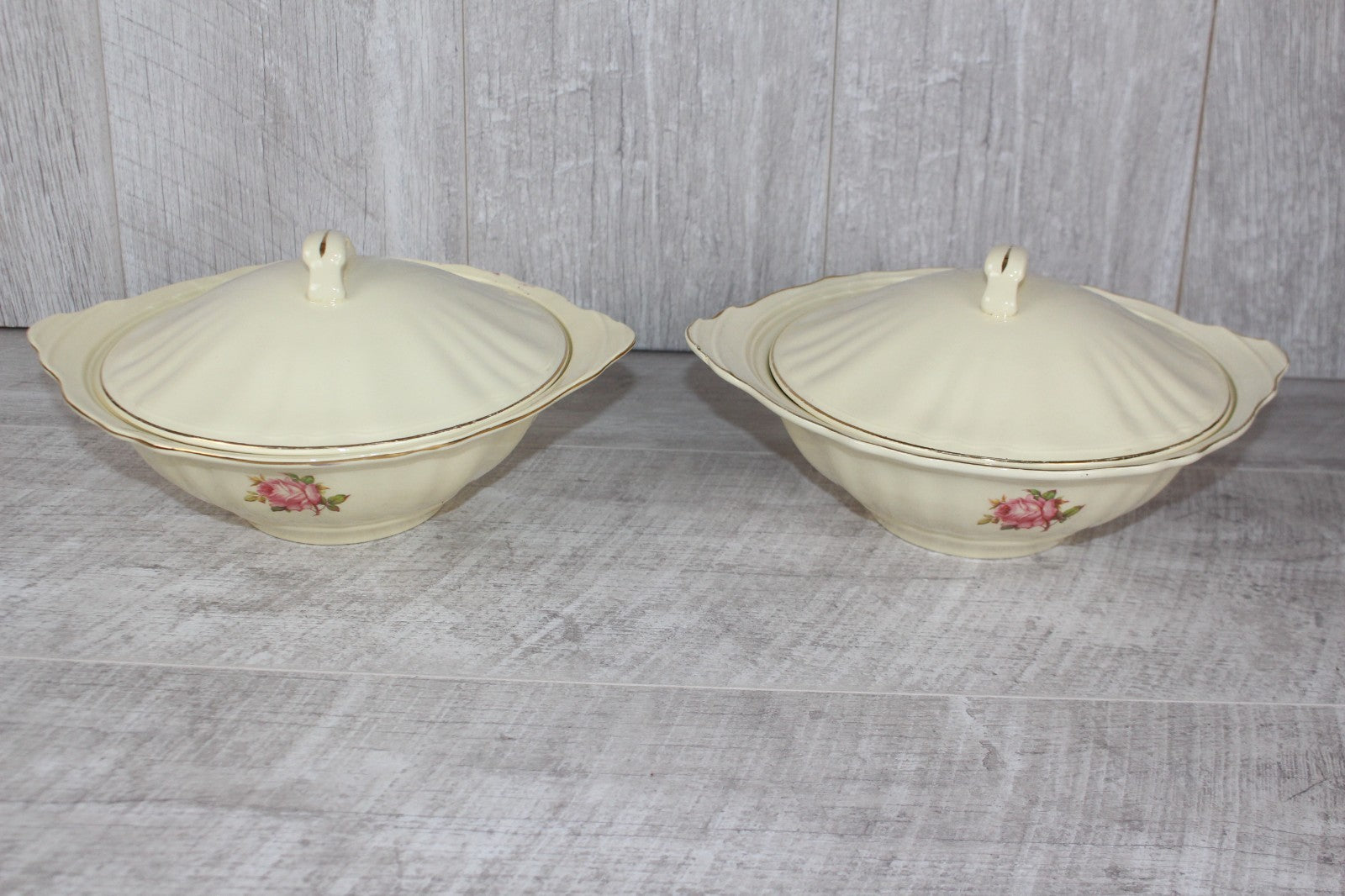 Pair of Vintage J&G Meakin "Sunshine" Lidded Tureens - Pink Rose & Gold Gilt