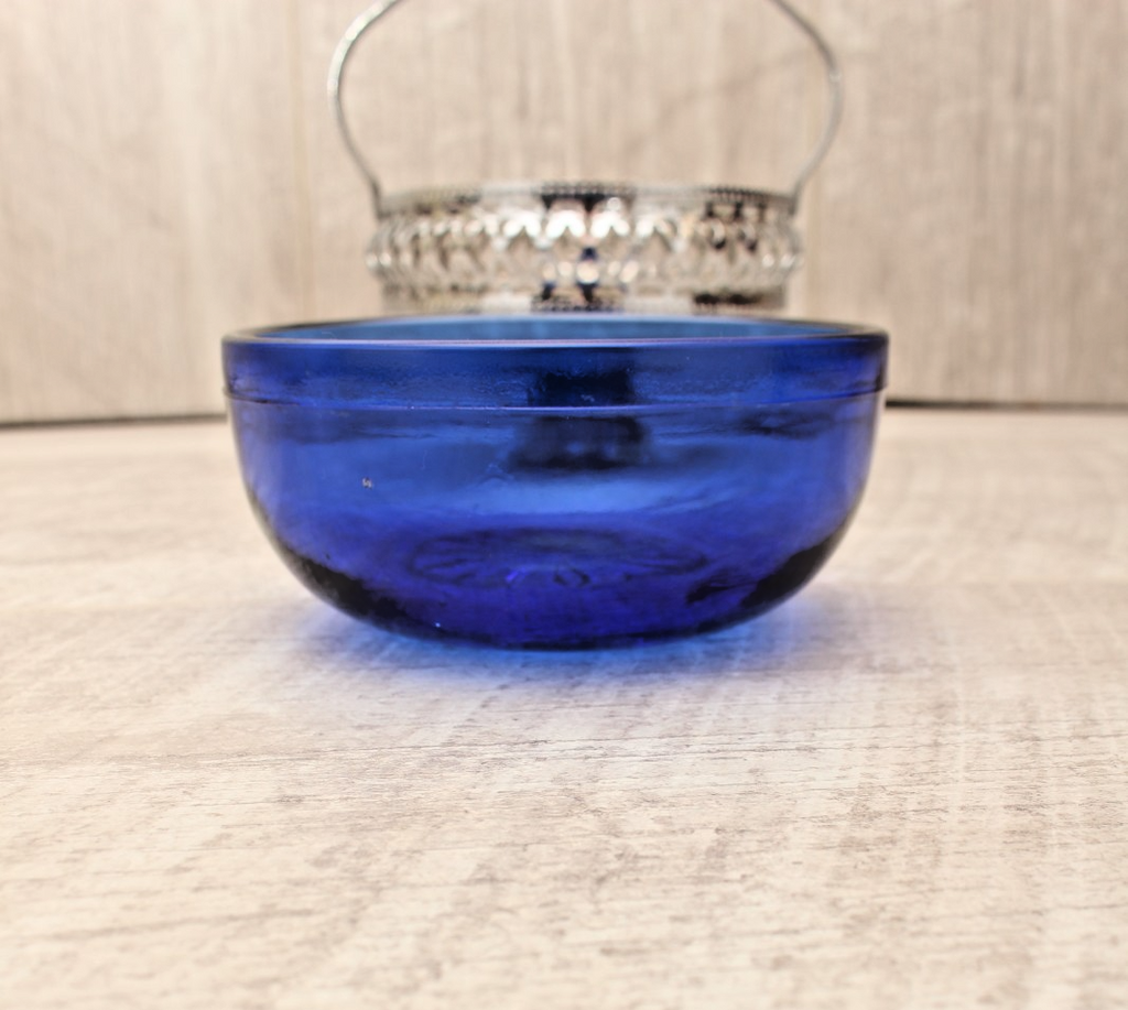 Vintage Cobalt Blue Glass Sugar & Jam Bowl Set with Tudor Plate Spoon