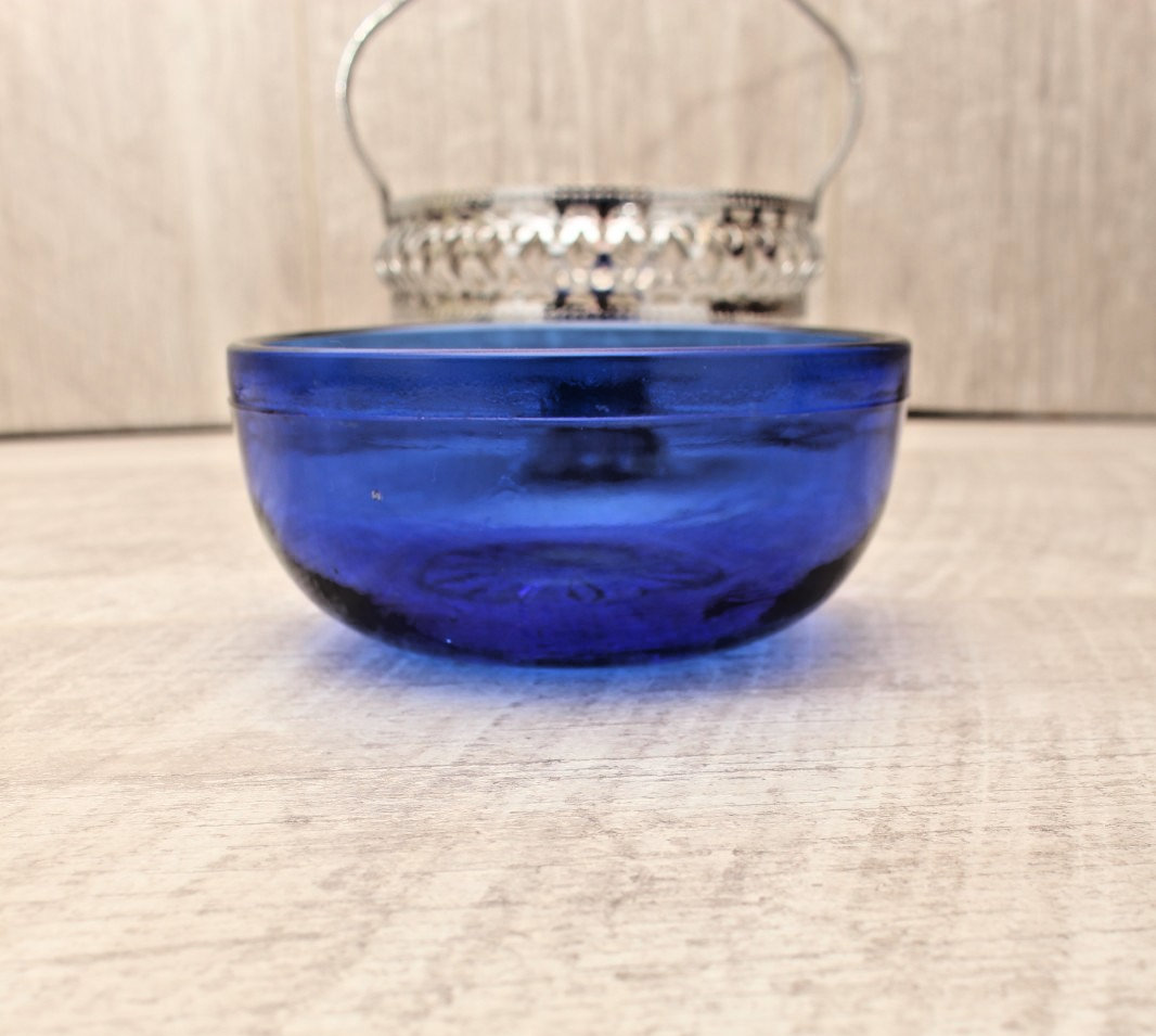 Vintage Cobalt Blue Glass Sugar & Jam Bowl Set with Tudor Plate Spoon