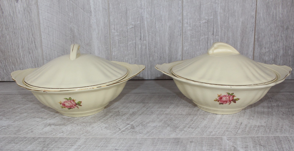 Pair of Vintage J&G Meakin "Sunshine" Lidded Tureens - Pink Rose & Gold Gilt
