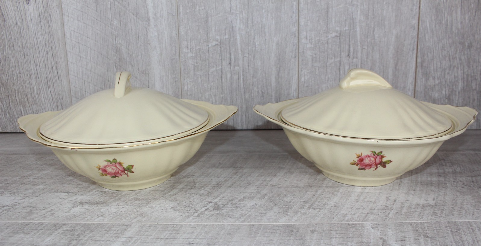 Pair of Vintage J&G Meakin "Sunshine" Lidded Tureens - Pink Rose & Gold Gilt