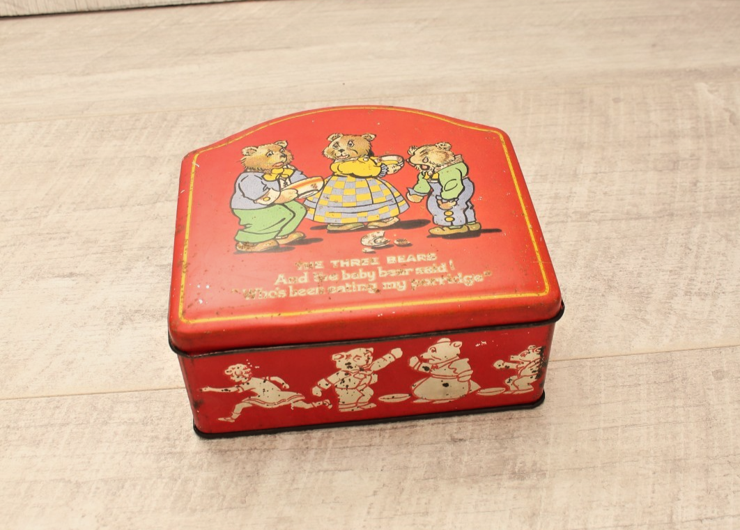 Vintage "The Three Bears" Red Dome-Top Confectionery Tin – Made in England