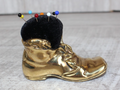 Brass Shoe Boot Pin Cushion with Pins Mouse Detail to Boot Vintage Collectable