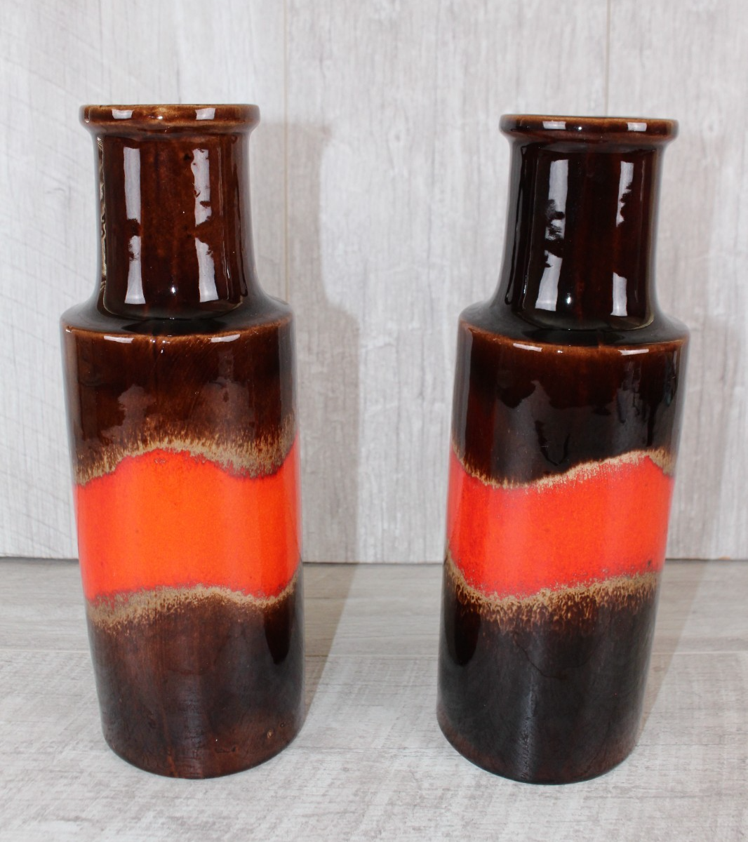 Pair of Vintage Scheurich 401-28 West German Pottery Vases Fat Lava Red Brown