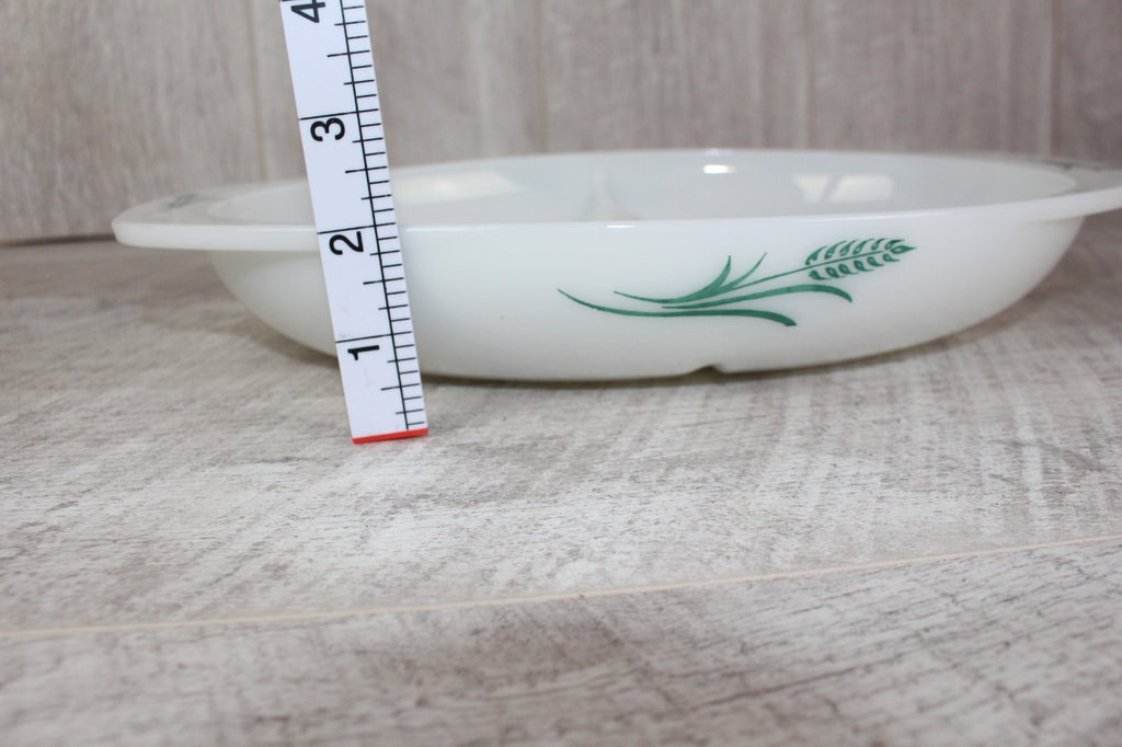 JAJ Pyrex Divided Serving Dish "Green Wheatsheaf Pattern" Vintage Milk Glass