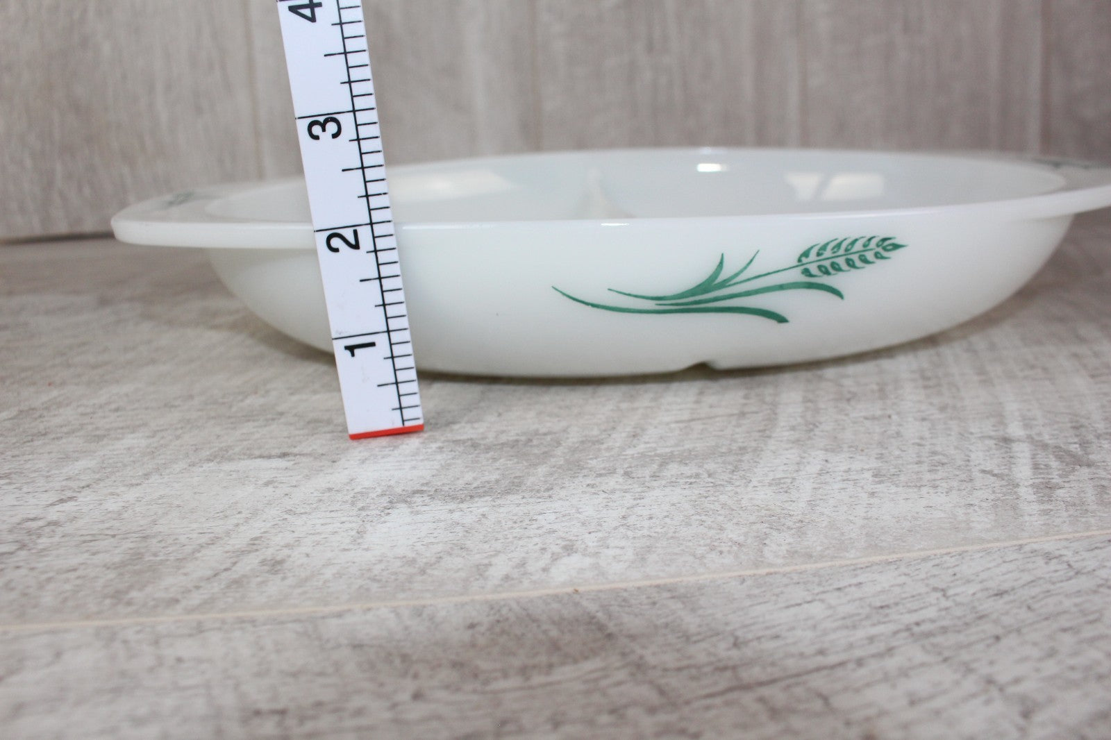 JAJ Pyrex Divided Serving Dish "Green Wheatsheaf Pattern" Vintage Milk Glass