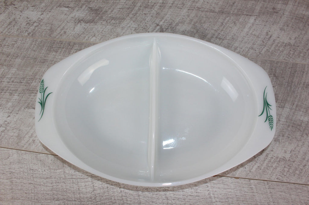 JAJ Pyrex Divided Serving Dish "Green Wheatsheaf Pattern" Vintage Milk Glass