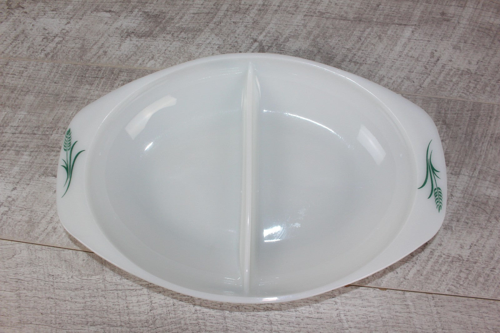 JAJ Pyrex Divided Serving Dish "Green Wheatsheaf Pattern" Vintage Milk Glass