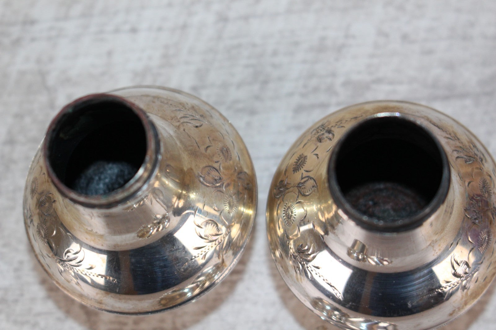 Vintage English Silver Plate Salt & Pepper Shakers - Hand Engraved Floral