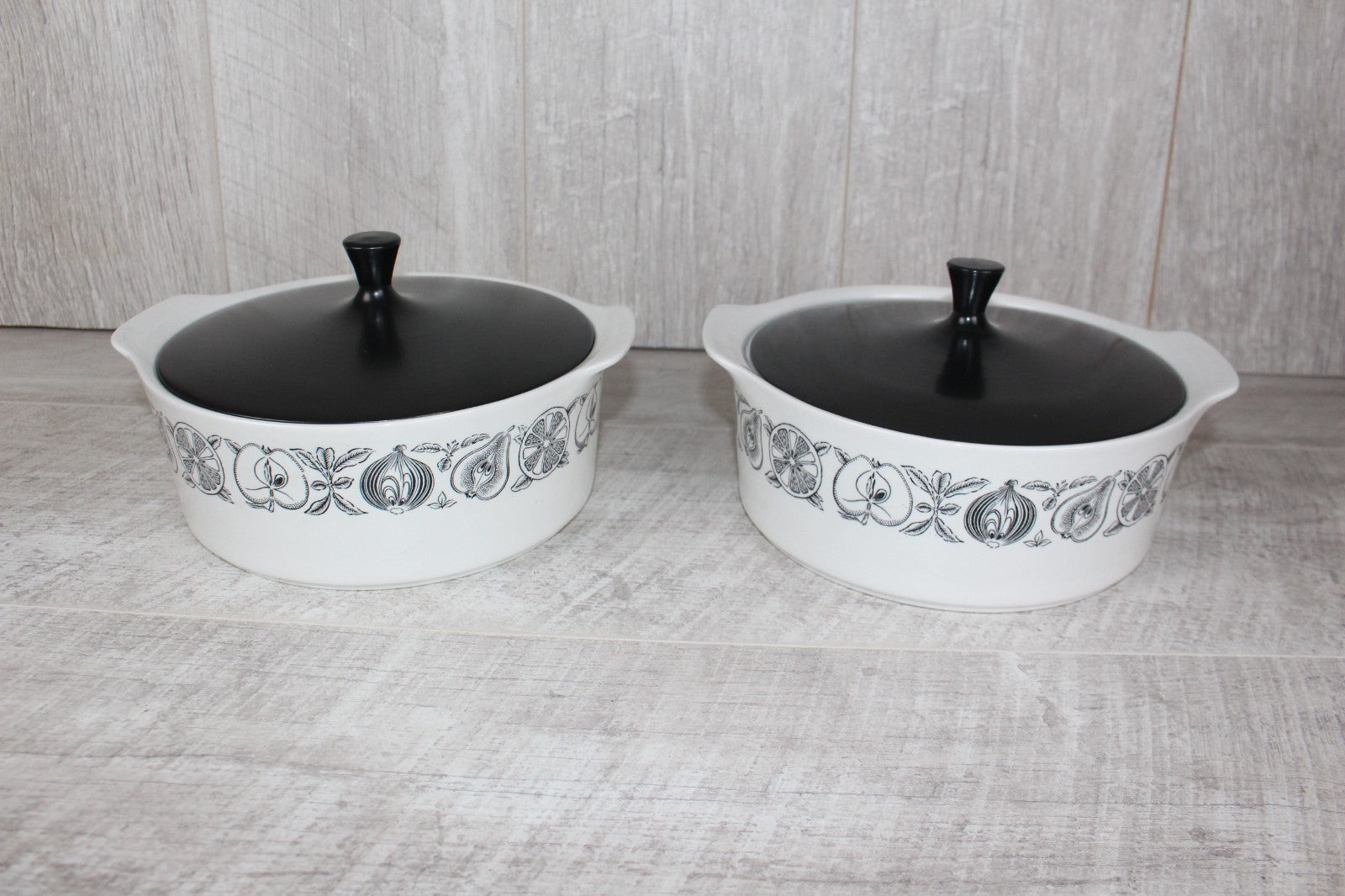Pair of Vintage Myott "Silhouette" Lidded Tureens - MCM Retro Fruit & Veg Patter